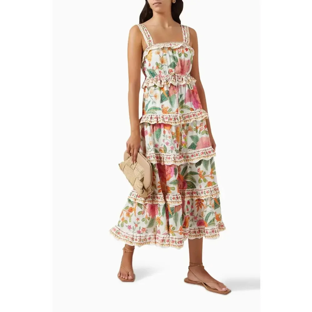NEW, Farm Rio Square-Neck Tiered Ruffle Dress SZ L #MD1078 - Picture 1 of 11